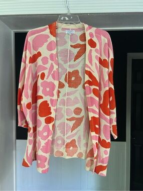 Mud Pie Cream Cardigan with Pink & Red Floral Motif